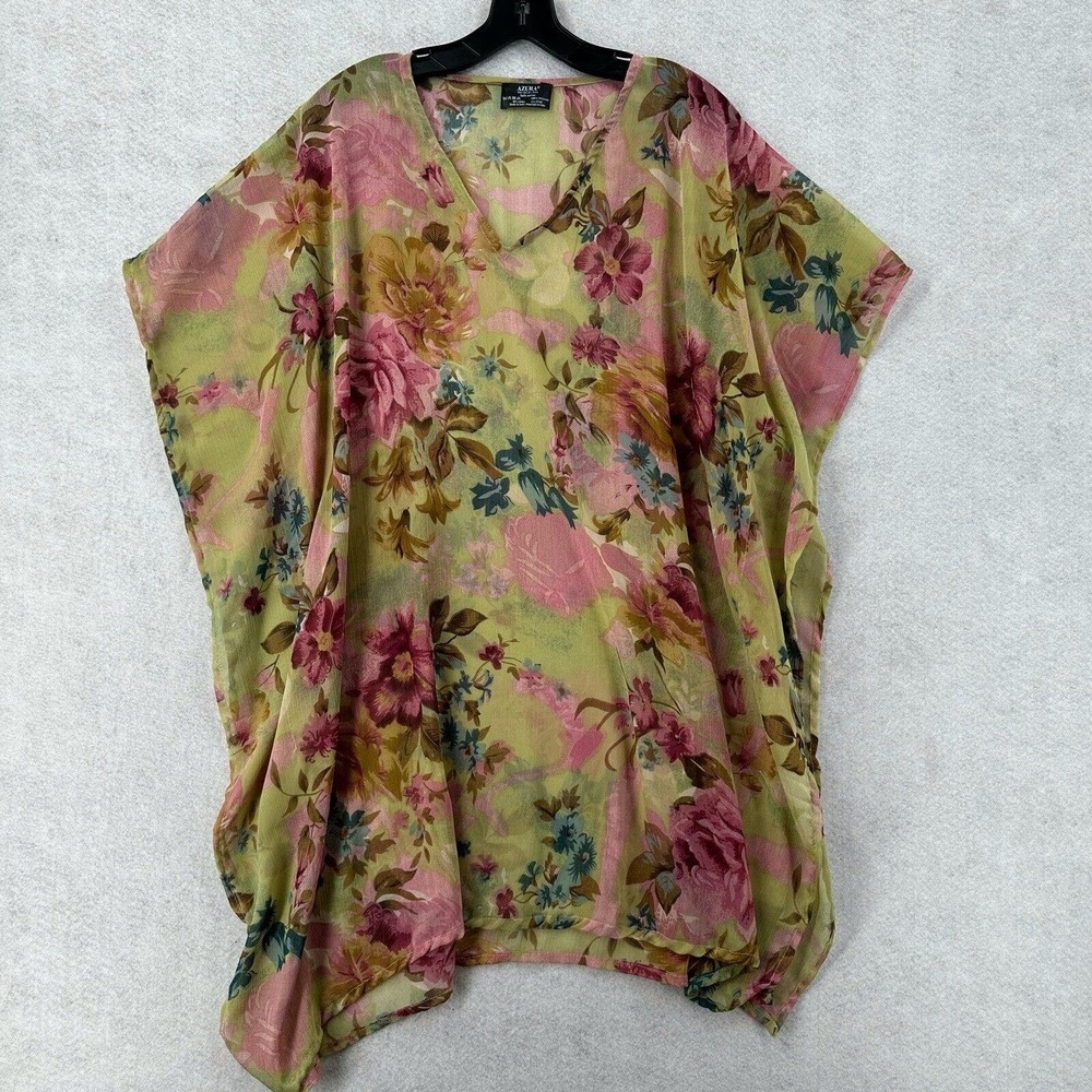 Azura Kimono Blouse Womens One Size Green Pink Floral Pullover Chiffon Cover‎ Up